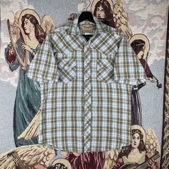 Wrangler Western Men's L/XL Pearl Snap Short Sleeve Plaid Shirt Single Stitch - Picture 2 of 7